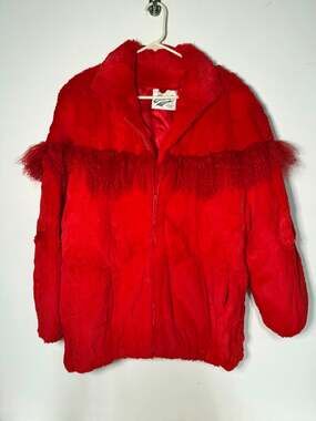 VTG Gentry's Furriers Bold Red 1000% Rabbit Fur Coat Full Zip Bomber Jacket M/L